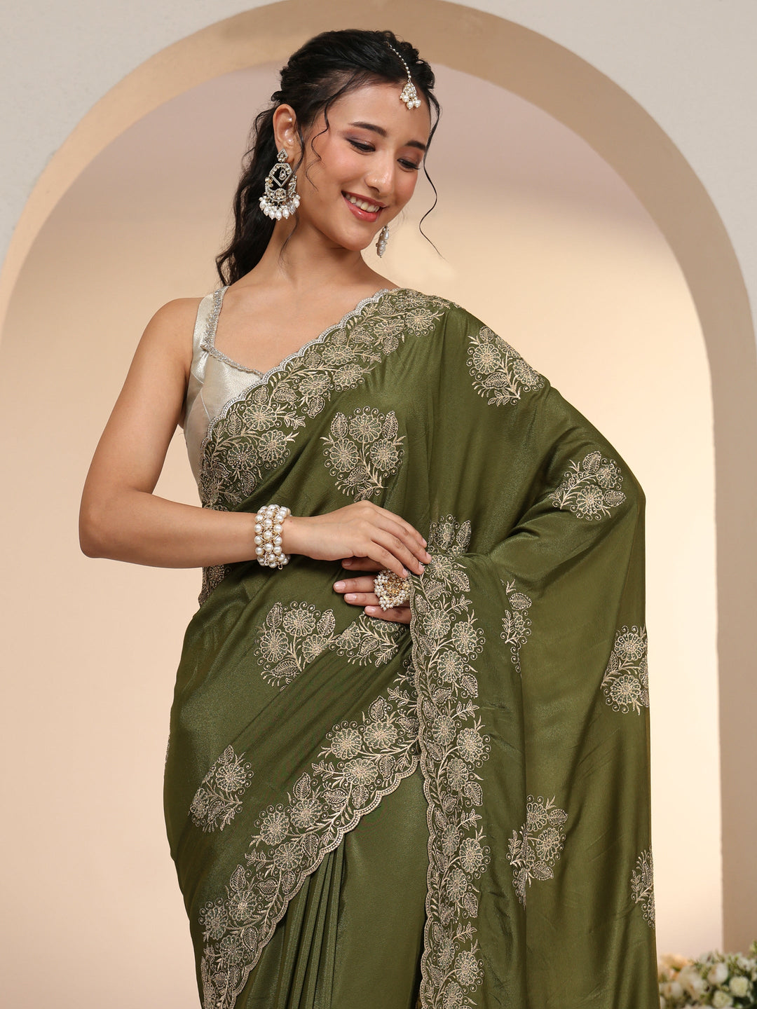  Libas Leaf Green Satin Saree with Embroidered Floral Motifs 