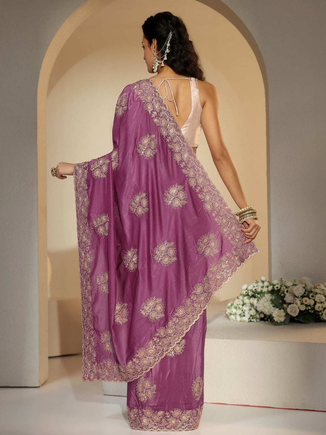  Libas Dusty Rose Pink Floral Embroidered Satin Saree 