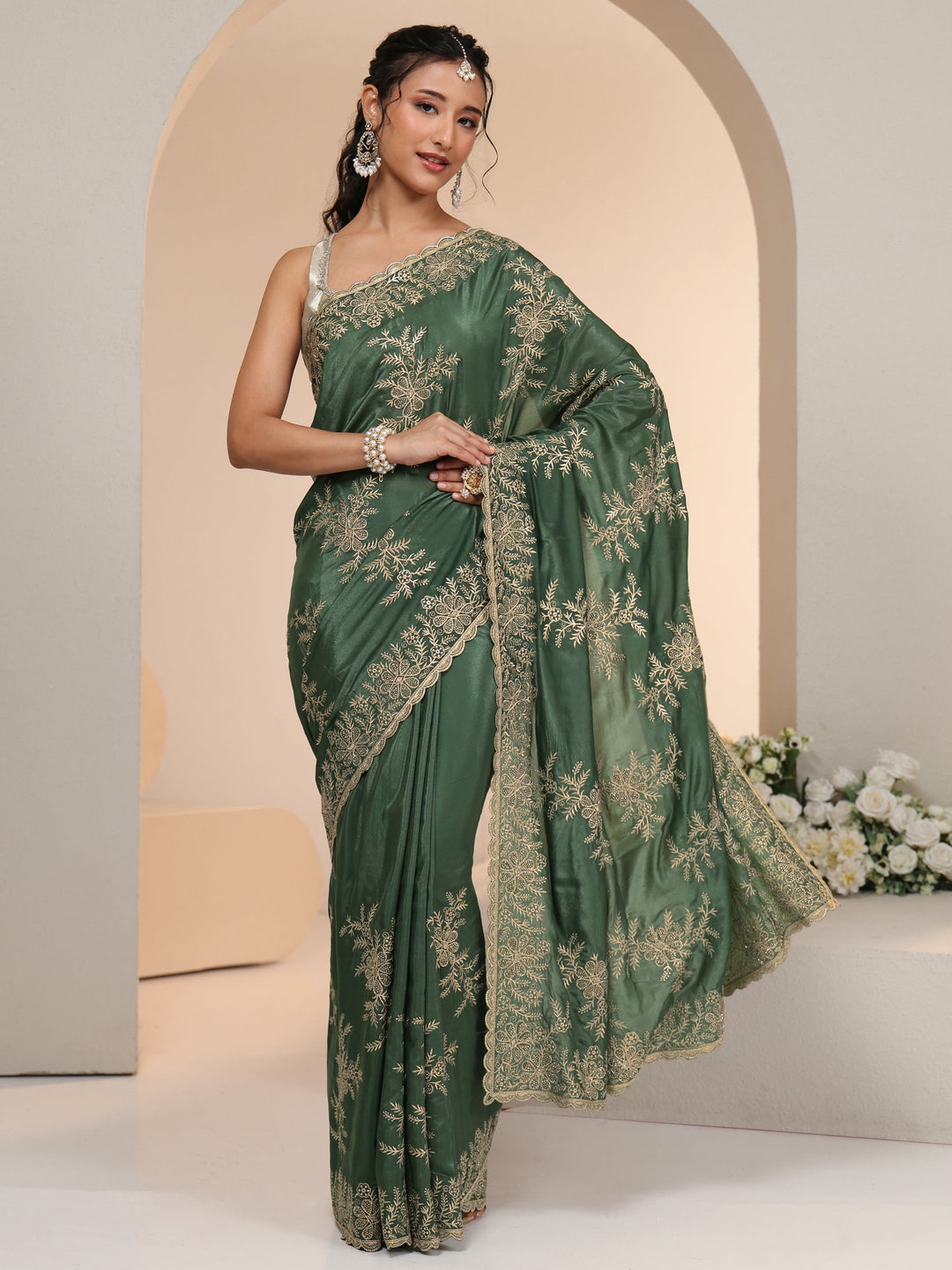  Libas Moss Green Floral Embroidered Satin Saree 
