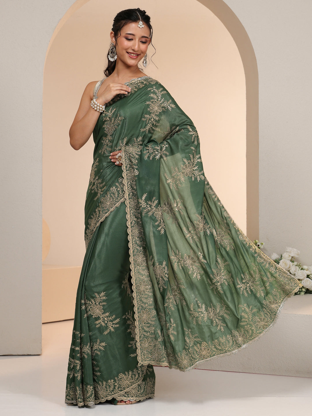  Libas Moss Green Floral Embroidered Satin Saree 