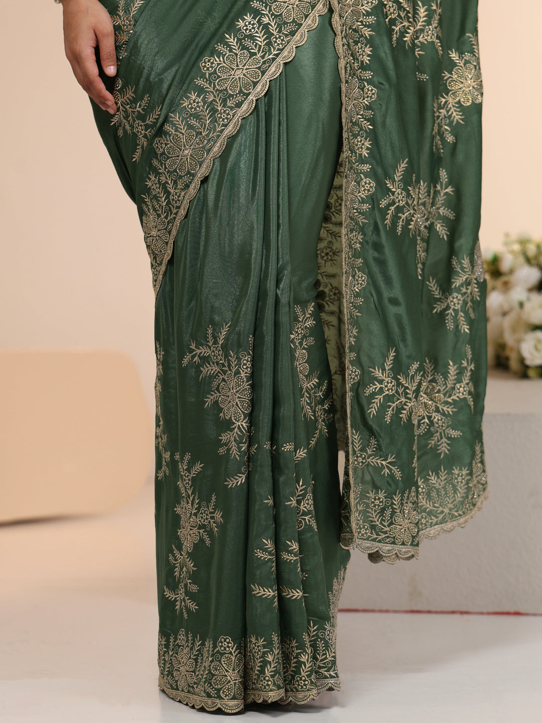  Libas Moss Green Floral Embroidered Satin Saree 