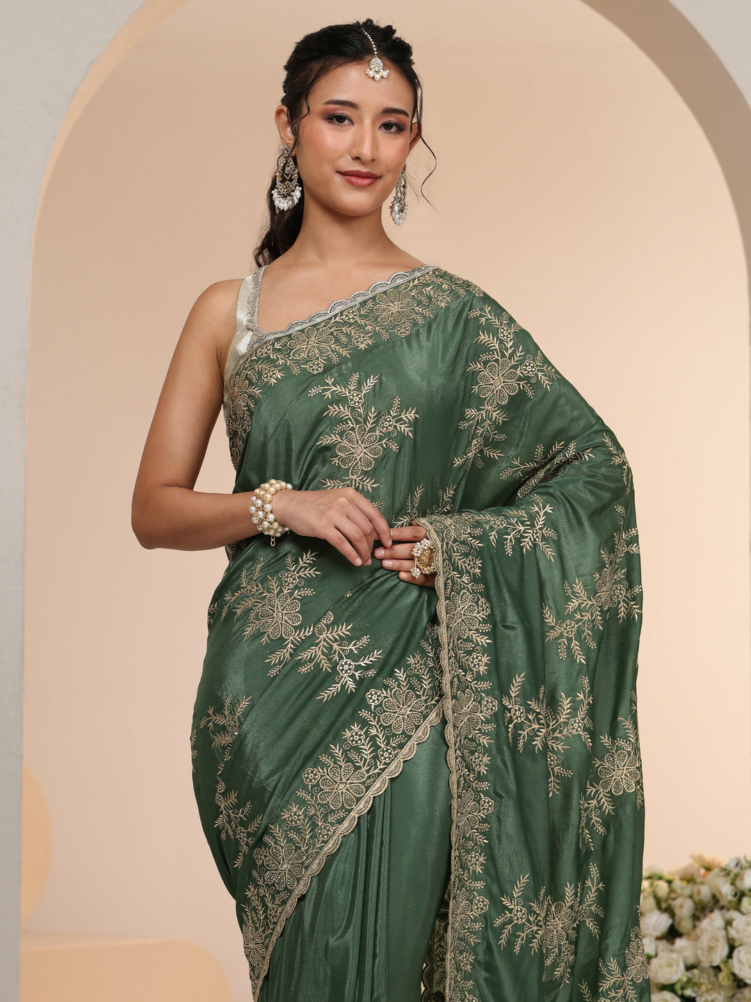  Libas Moss Green Floral Embroidered Satin Saree 