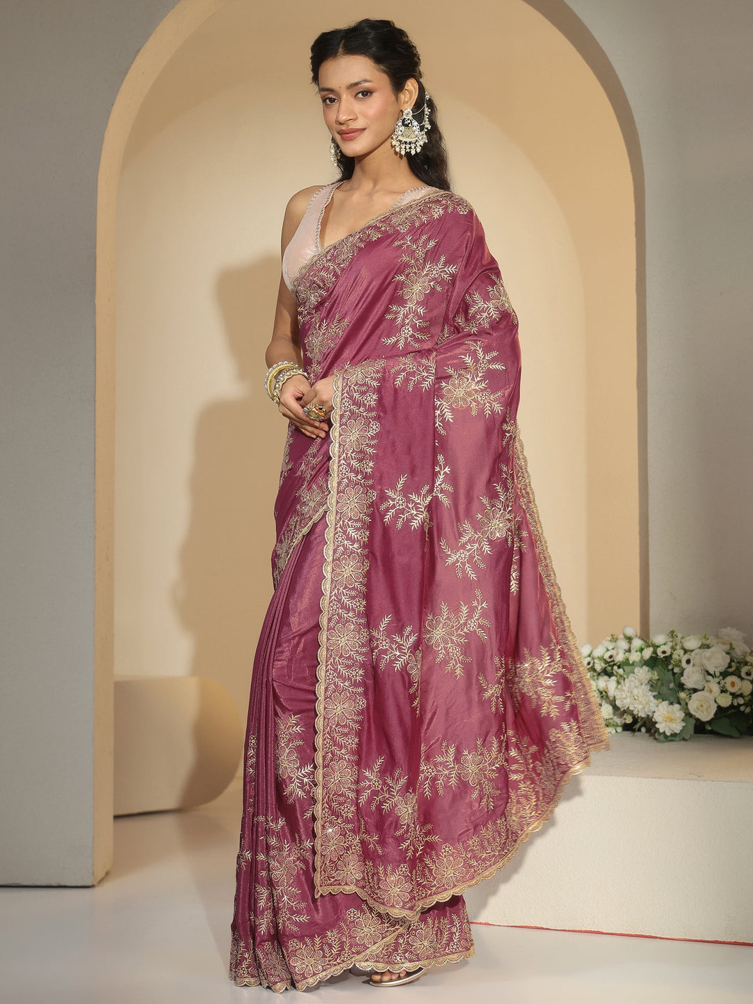  Libas Mauve Floral Embroidered Satin Saree 