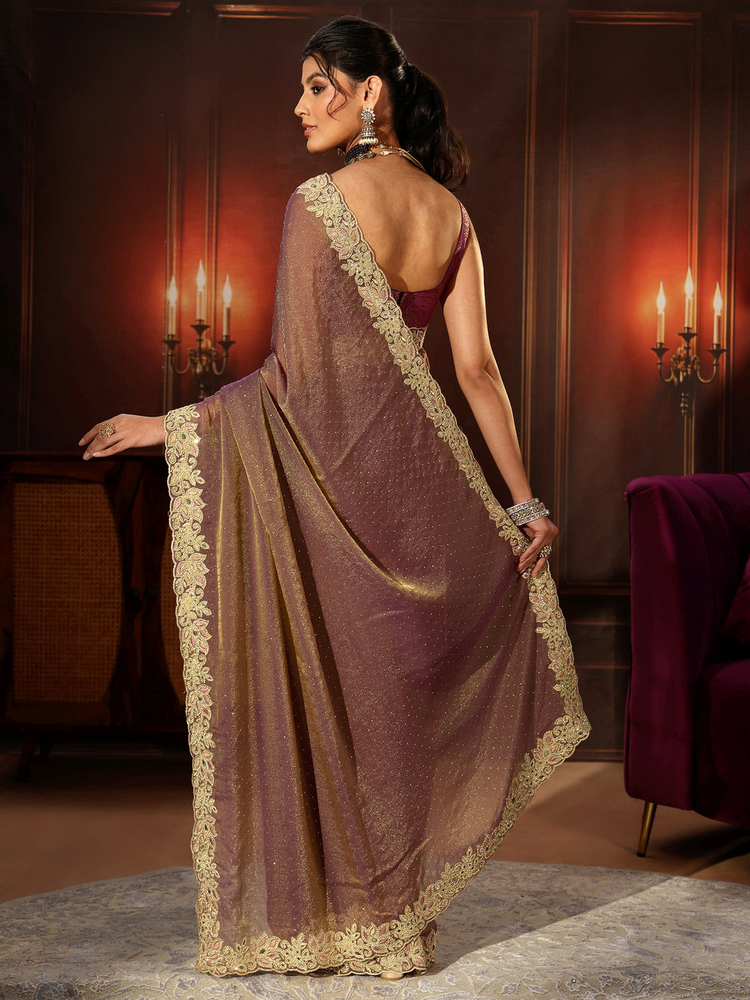  Libas Lavender Embellished Tissue Saree with Floral Border 