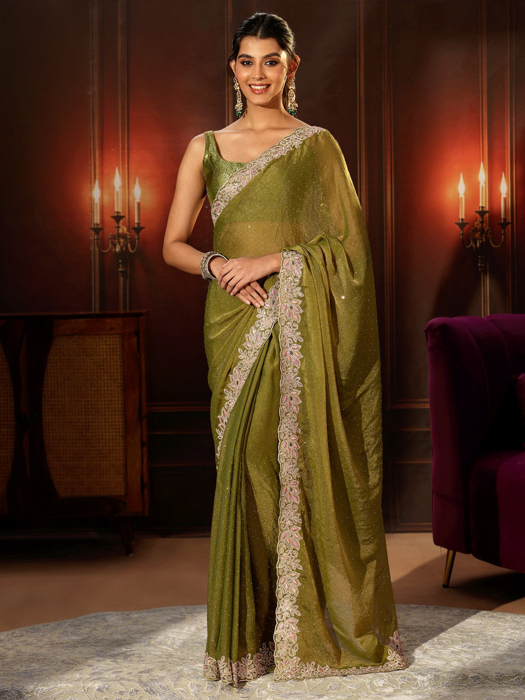  Libas Olive Green Embellished Tissue Saree with Floral Border 