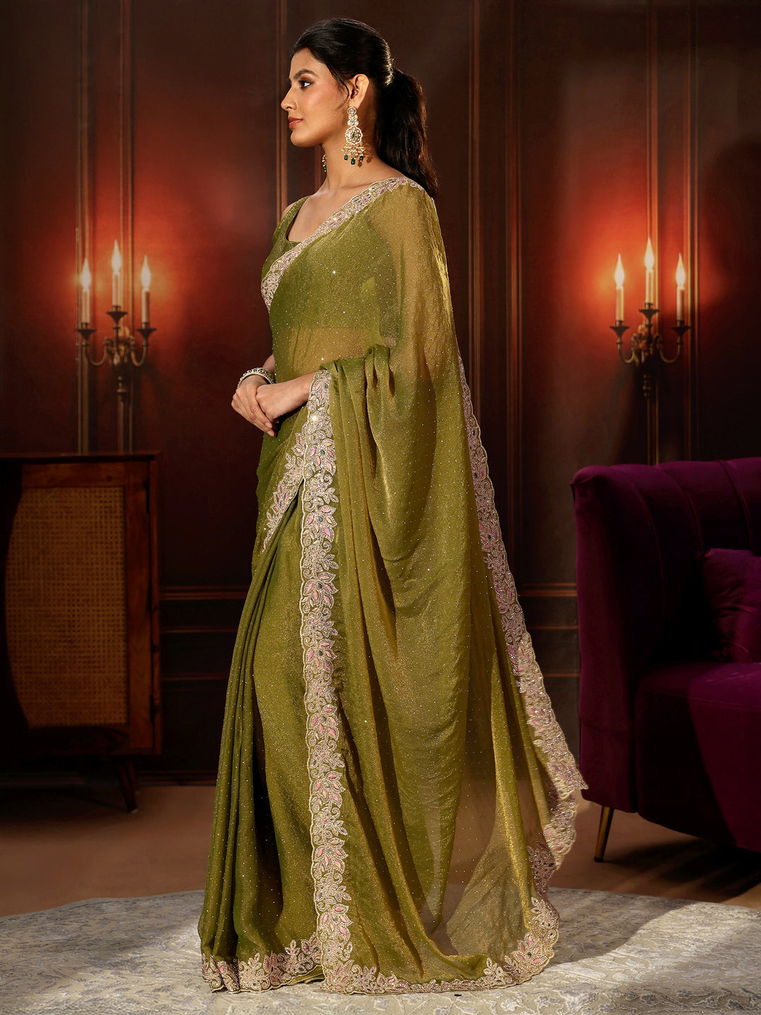  Libas Olive Green Embellished Tissue Saree with Floral Border 