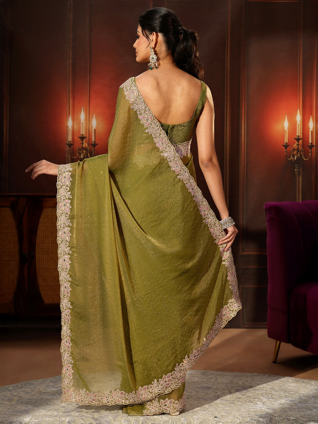  Libas Olive Green Embellished Tissue Saree with Floral Border 