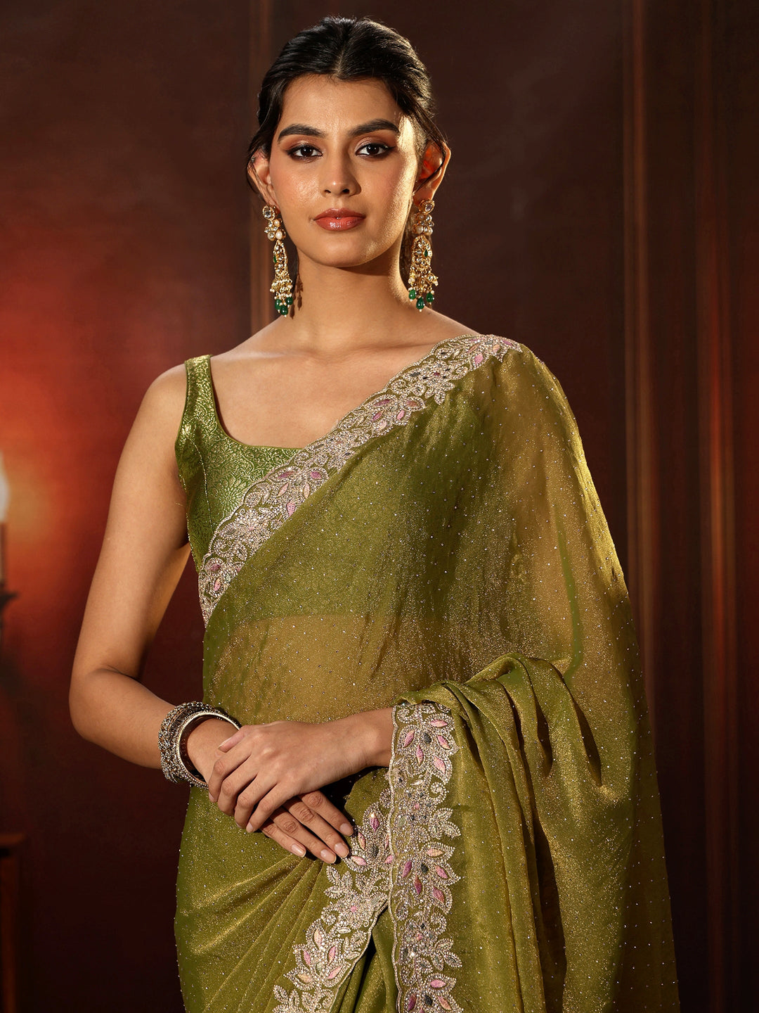  Libas Olive Green Embellished Tissue Saree with Floral Border 