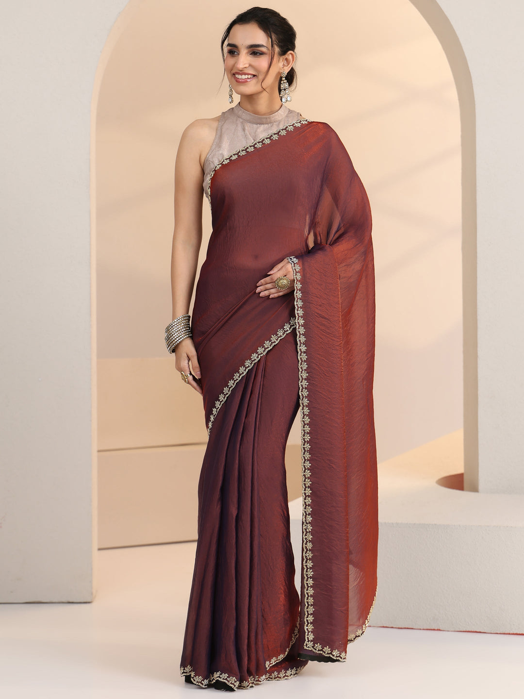  Libas Brown Tissue Saree with Stone Work Border 
