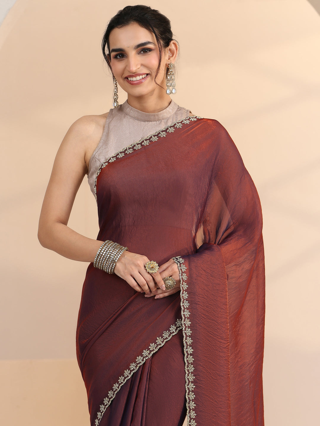  Libas Brown Tissue Saree with Stone Work Border 