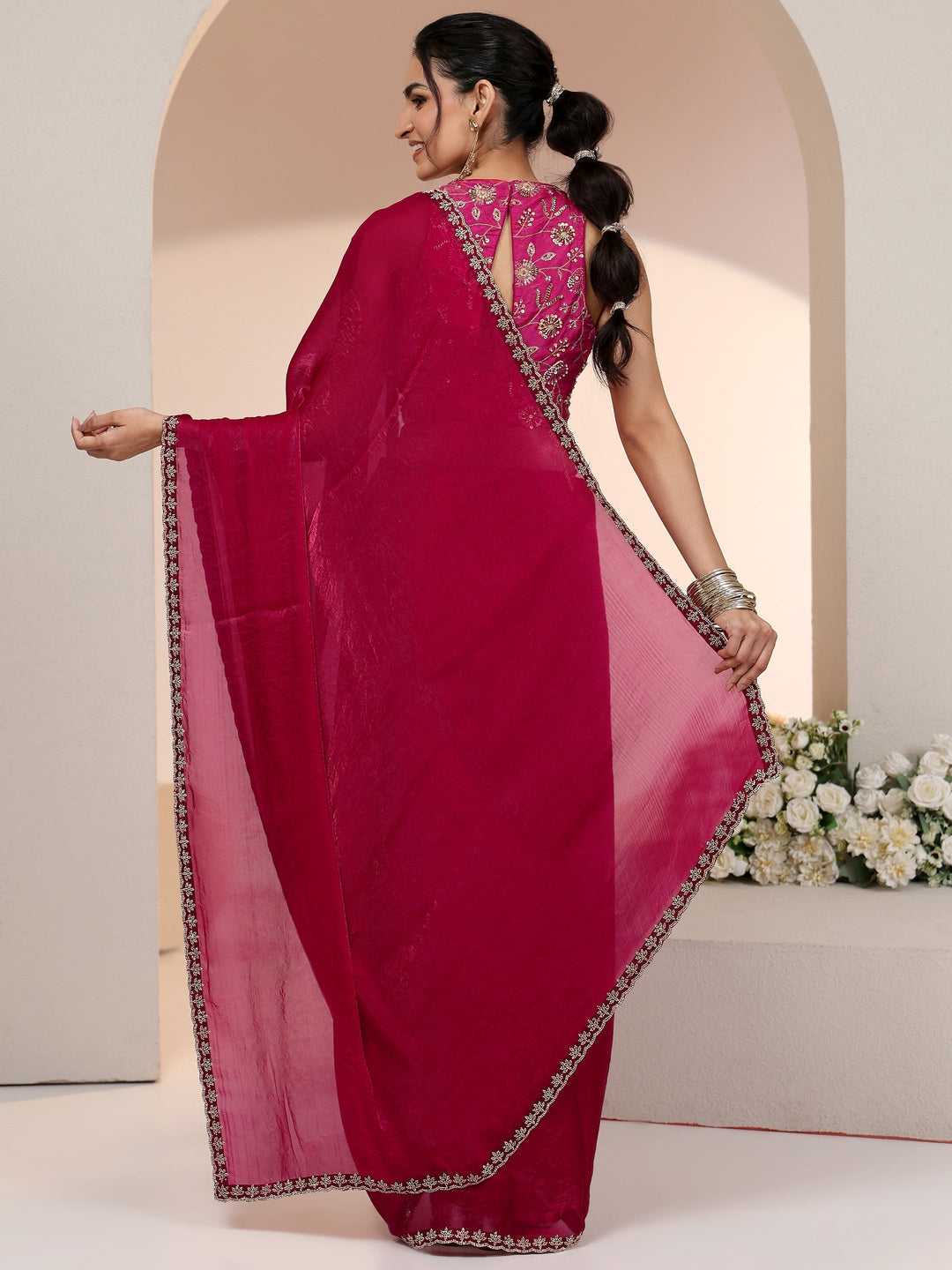  Libas Rose Pink Tissue Saree with Stone Work Border 