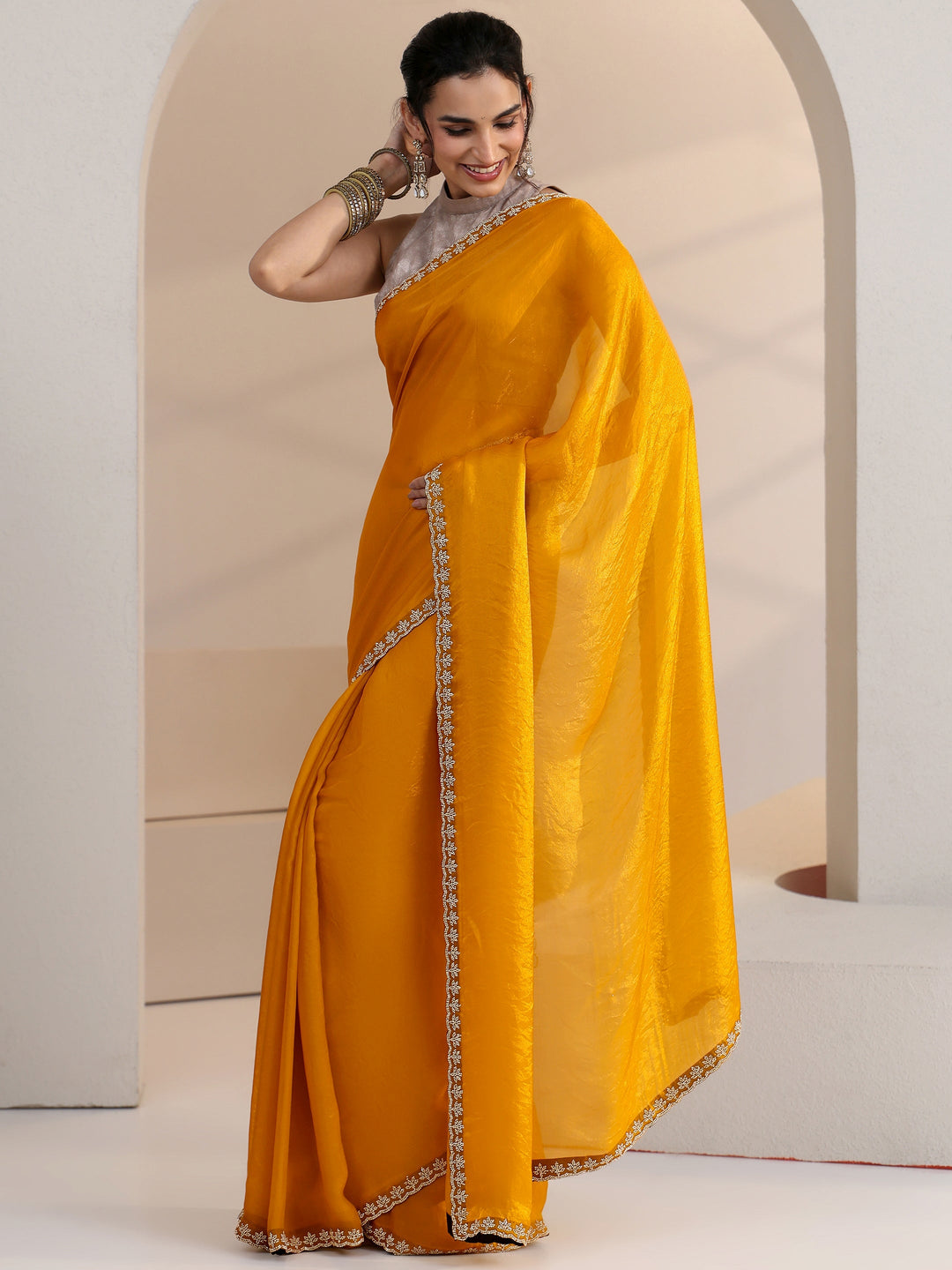  Libas Mustard Yellow Tissue Saree with Stone Work Border 