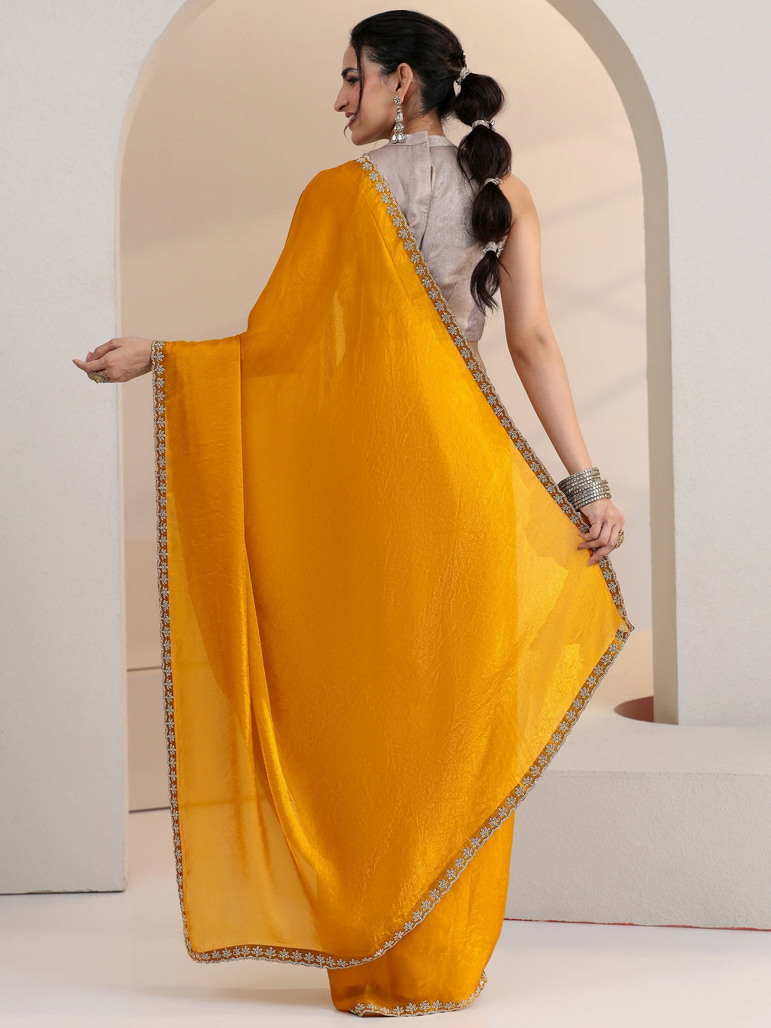  Libas Mustard Yellow Tissue Saree with Stone Work Border 