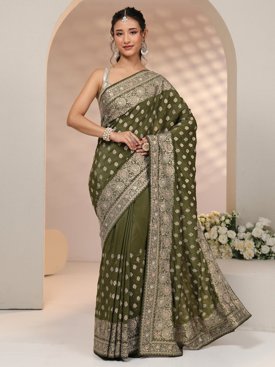  Libas Leaf Green Embellished Satin Saree with Ethnic Motifs 