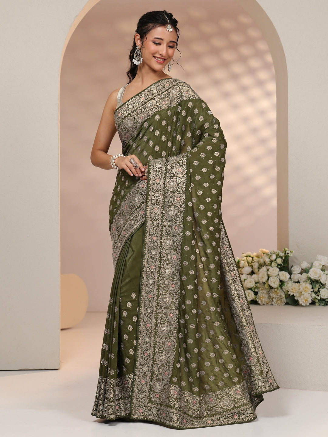  Libas Leaf Green Embellished Satin Saree with Ethnic Motifs 