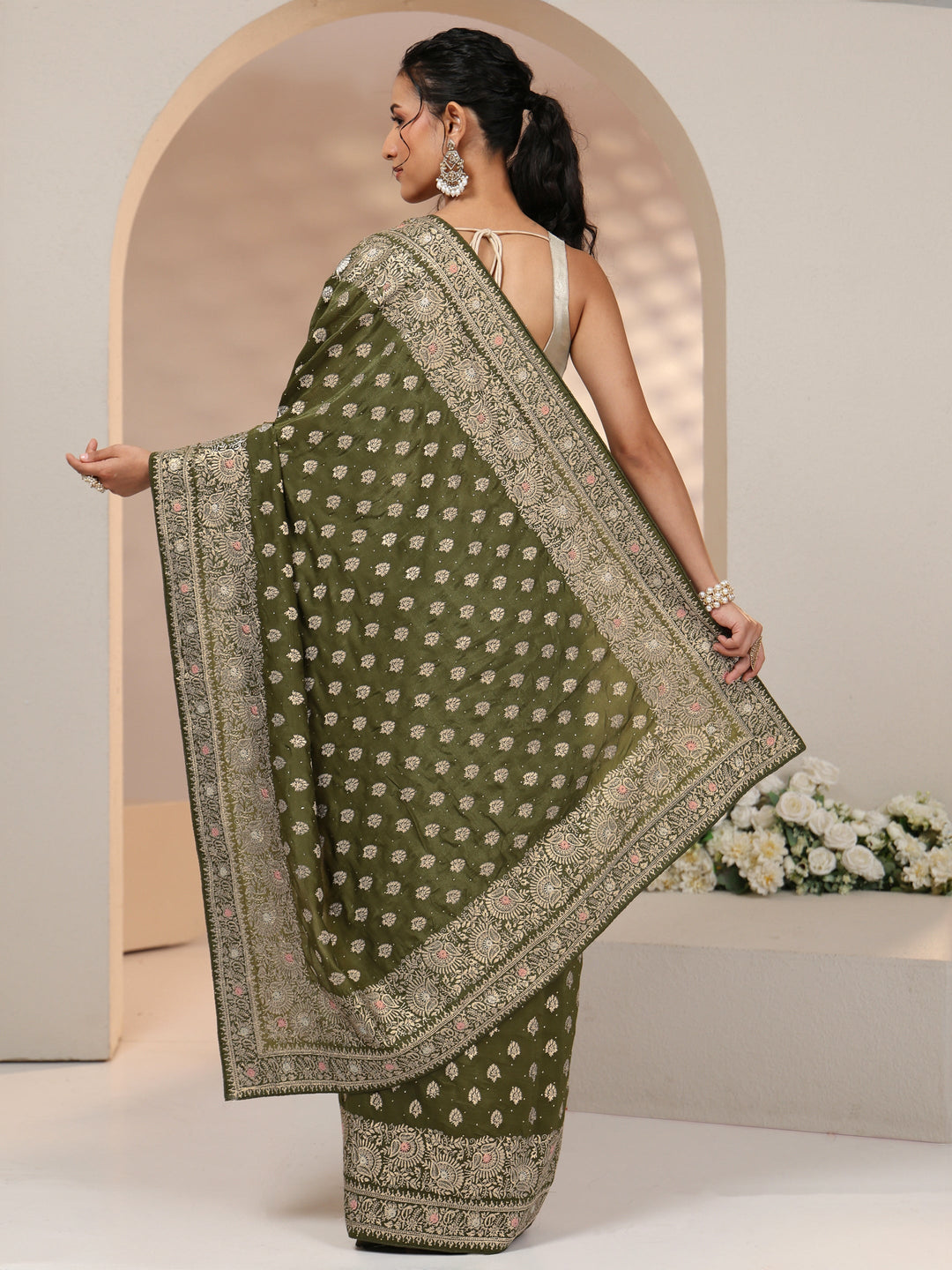  Libas Leaf Green Embellished Satin Saree with Ethnic Motifs 