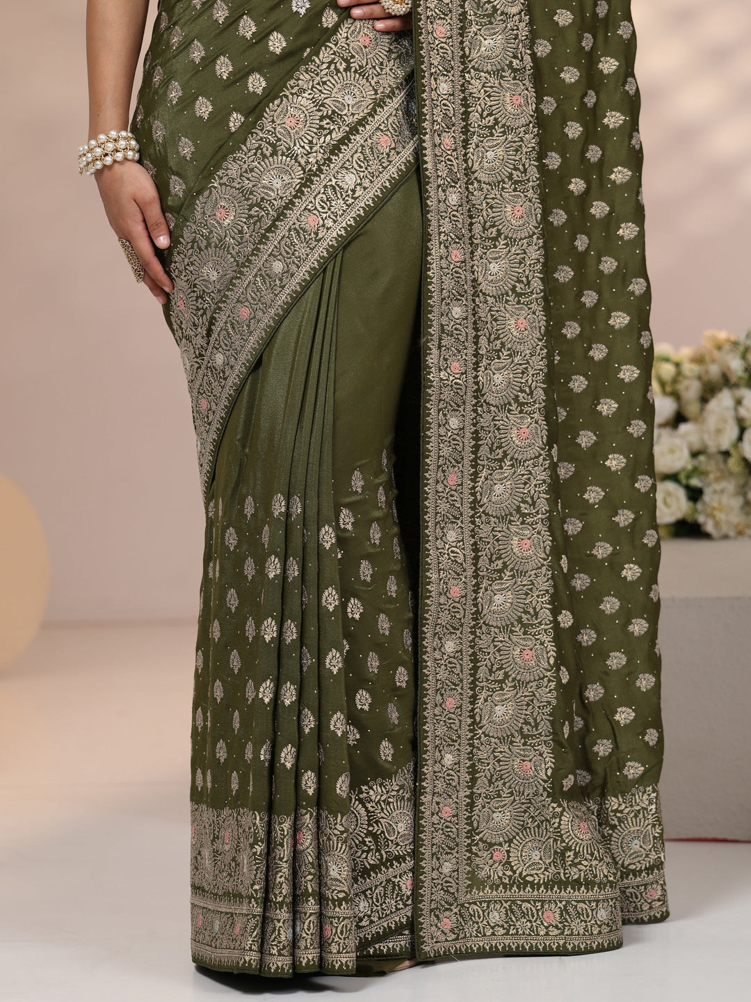  Libas Leaf Green Embellished Satin Saree with Ethnic Motifs 