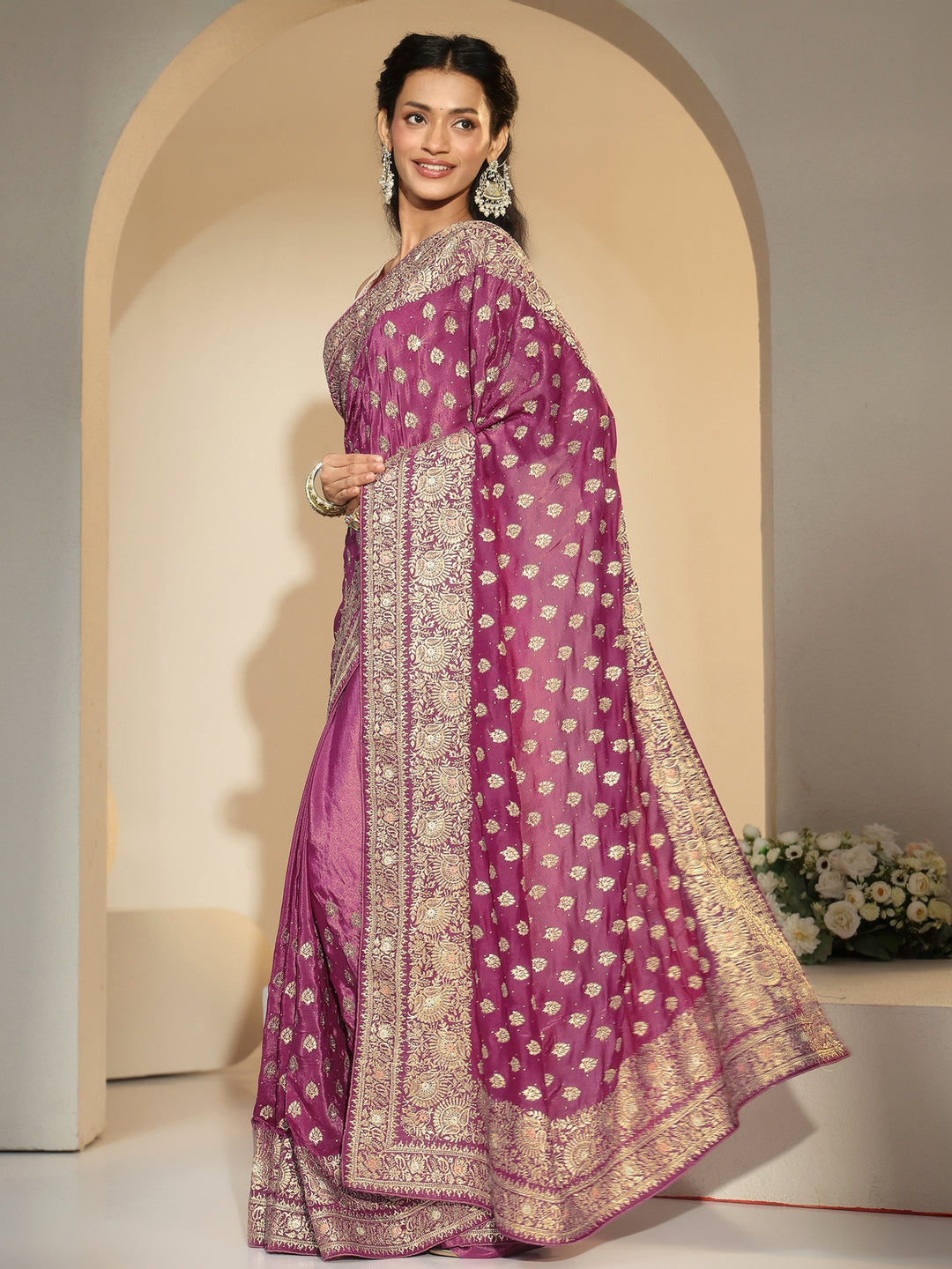  Libas Dusty Rose Pink Embroidered Satin Saree 