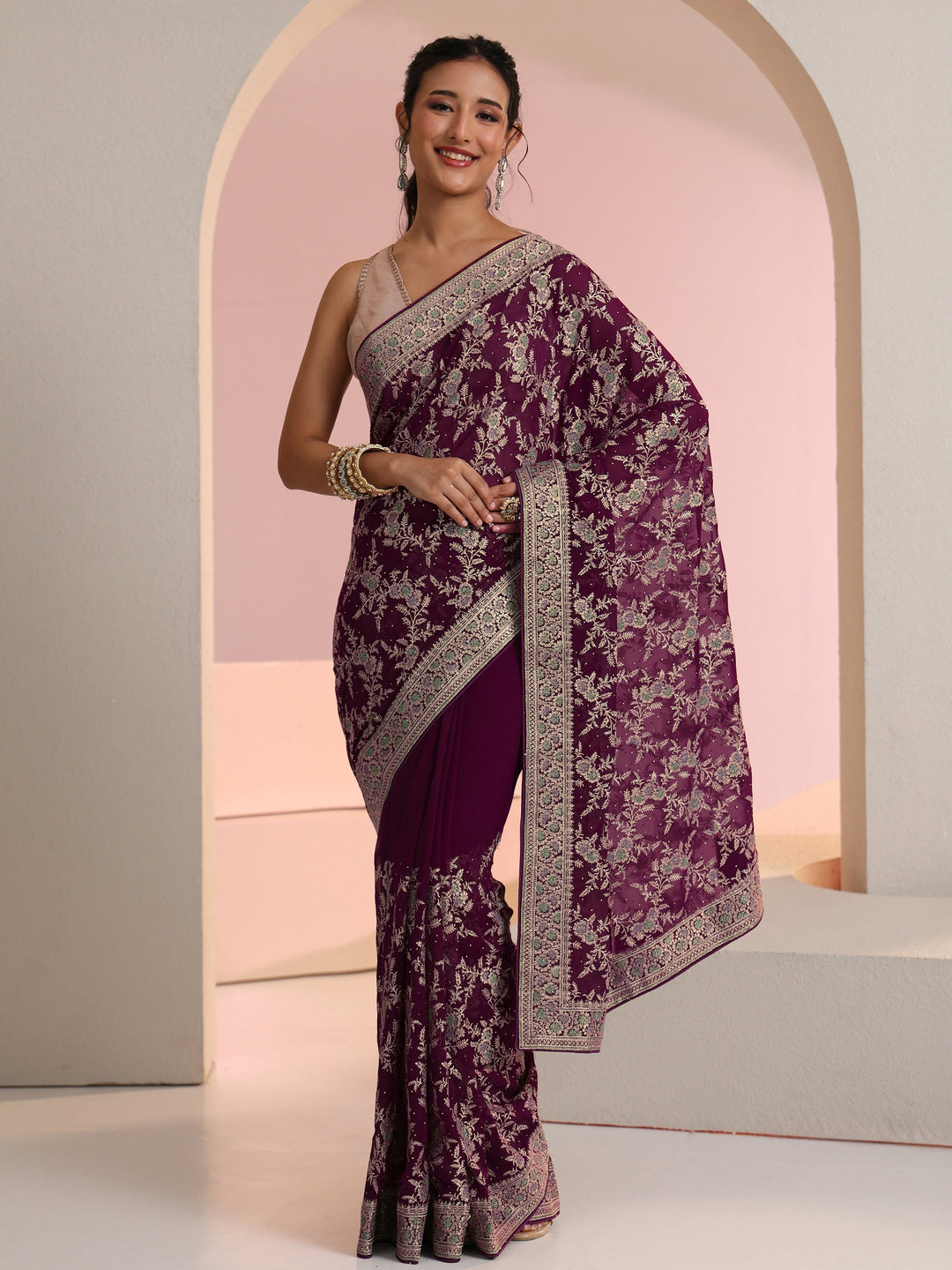  Libas Wine Red Floral  Embroidered Georgette Saree 