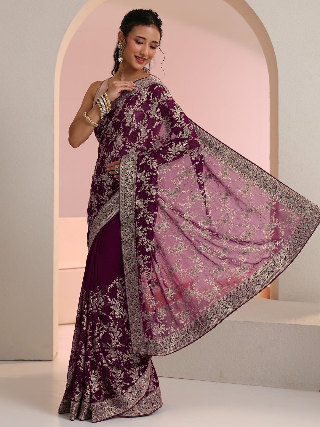  Libas Wine Red Floral  Embroidered Georgette Saree 