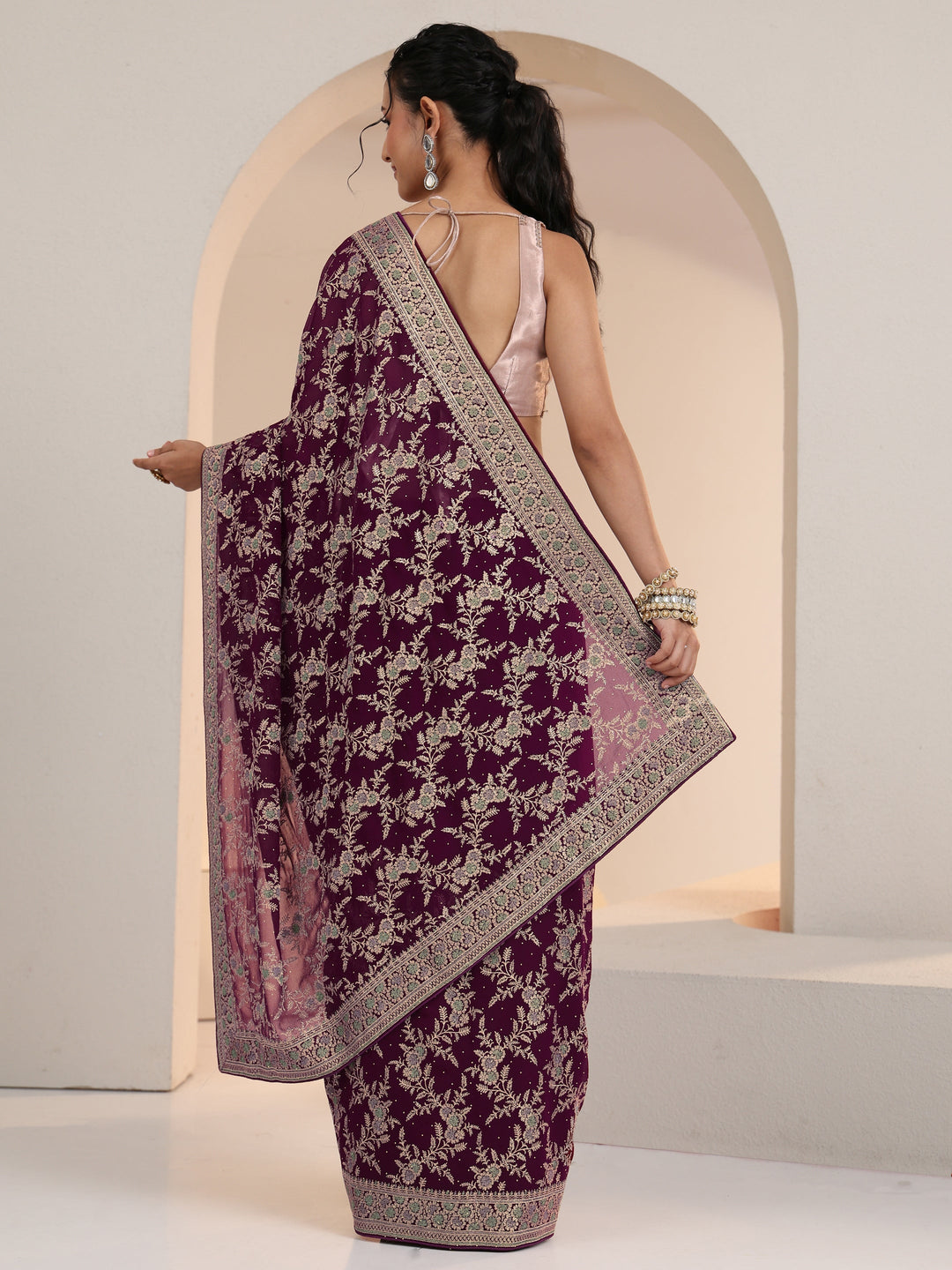  Libas Wine Red Floral  Embroidered Georgette Saree 