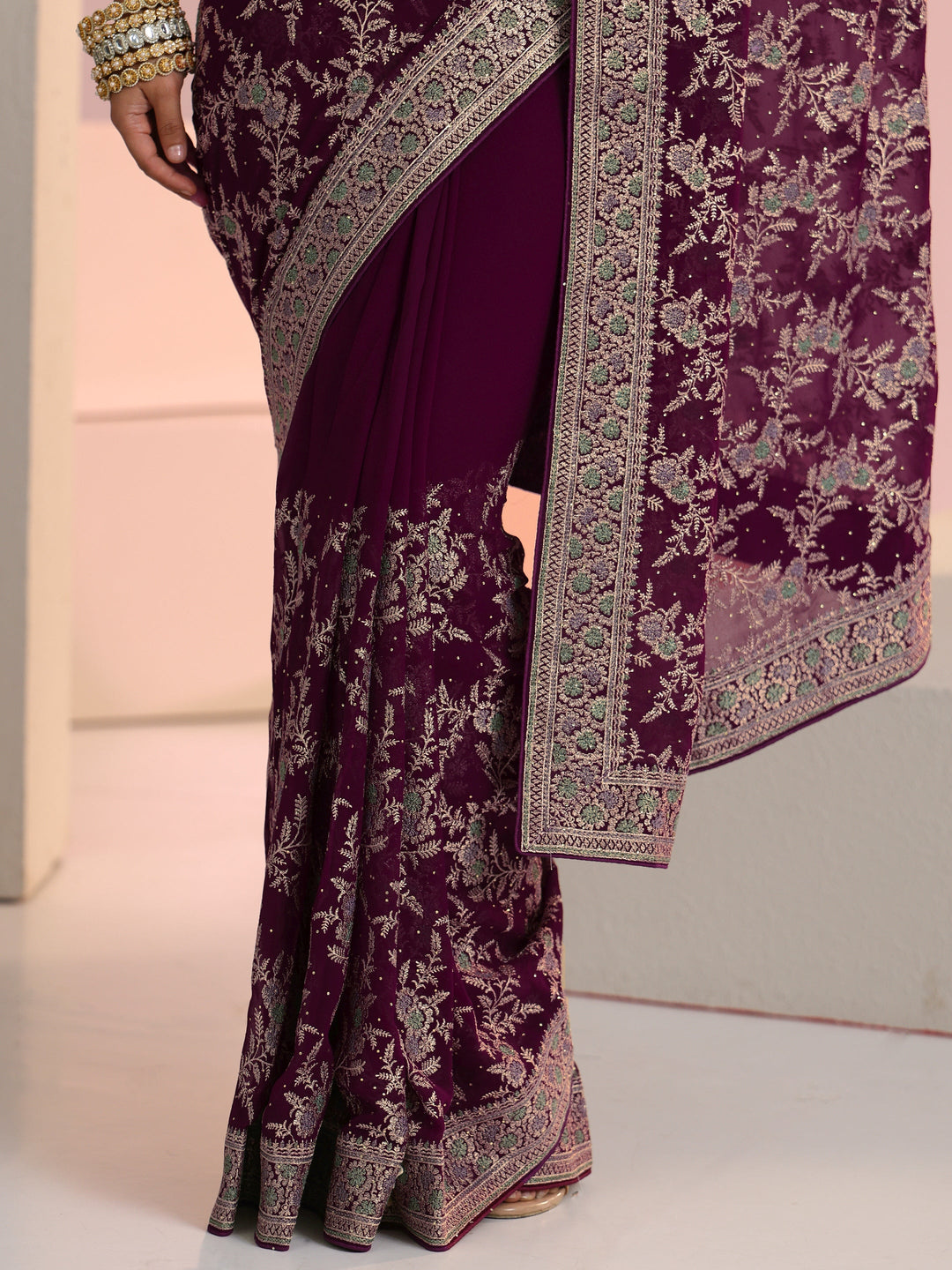  Libas Wine Red Floral  Embroidered Georgette Saree 