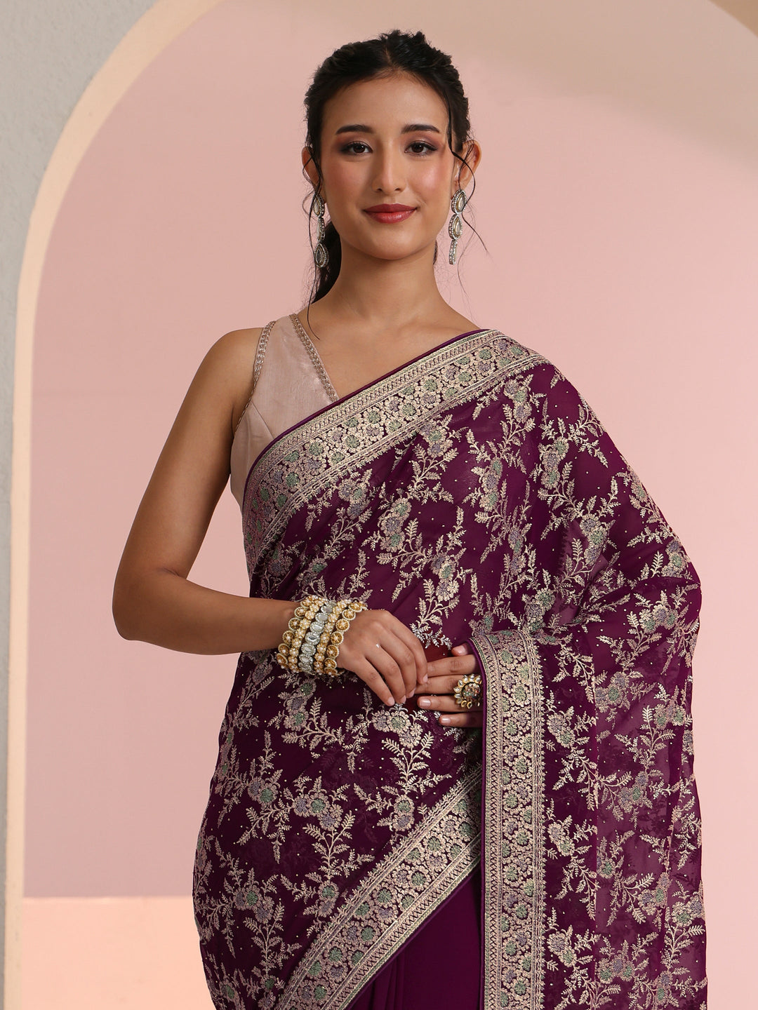  Libas Wine Red Floral  Embroidered Georgette Saree 