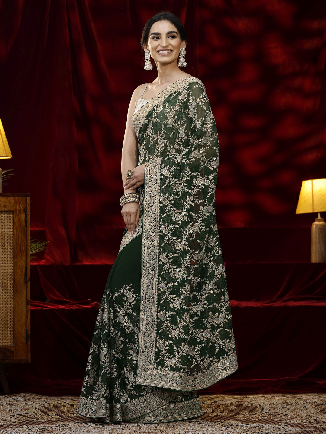  Libas Green Floral Embroidered Georgette Saree 