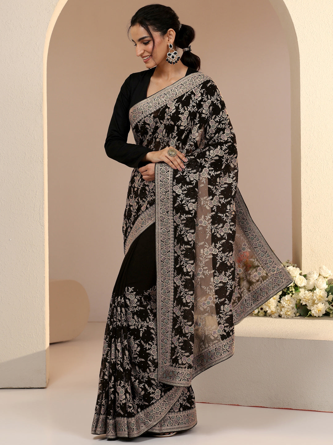  Libas Black Floral Embroidered Georgette Saree 