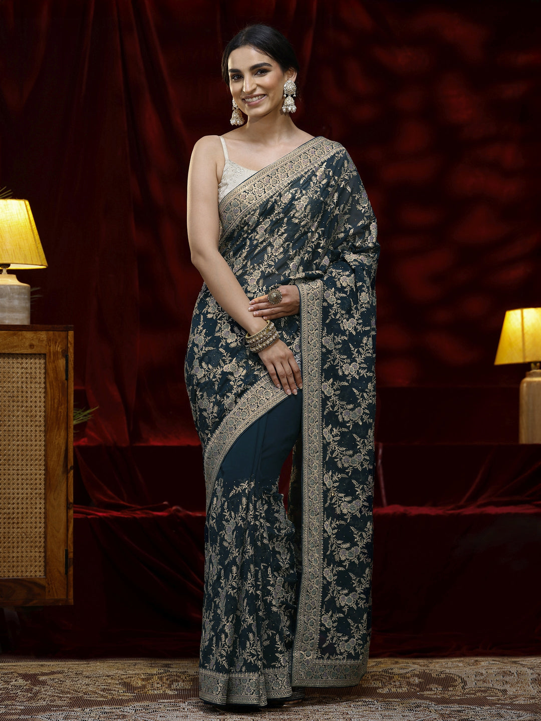  Libas Blue Floral Embroidered Georgette Saree 