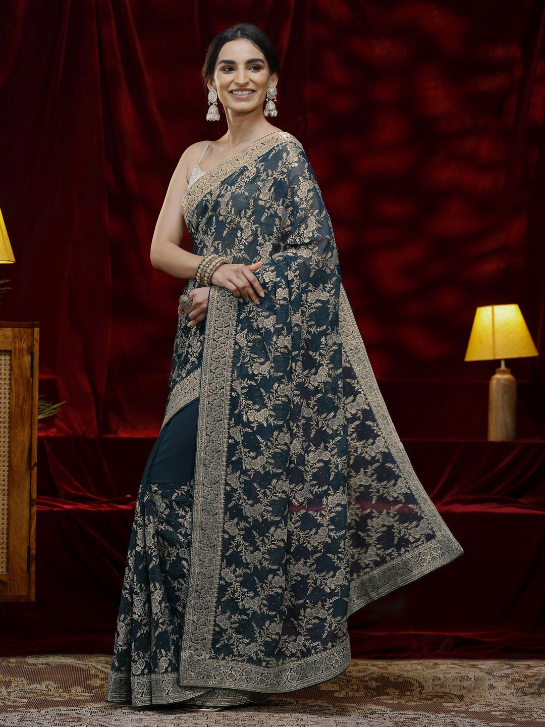  Libas Blue Floral Embroidered Georgette Saree 