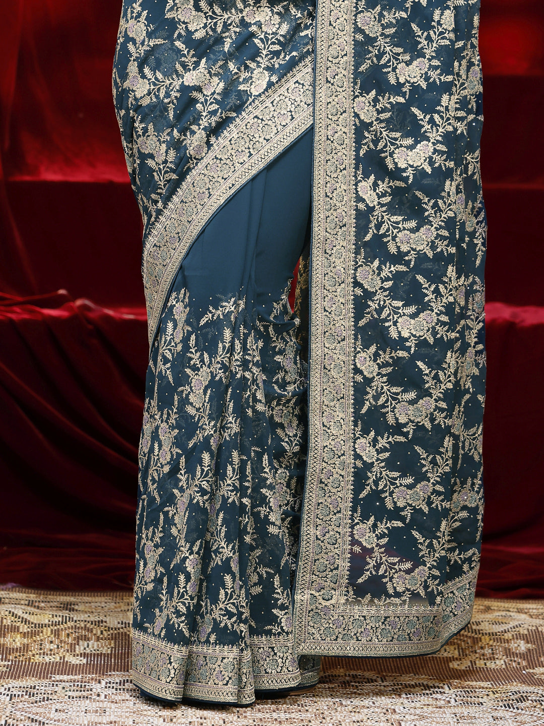  Libas Blue Floral Embroidered Georgette Saree 