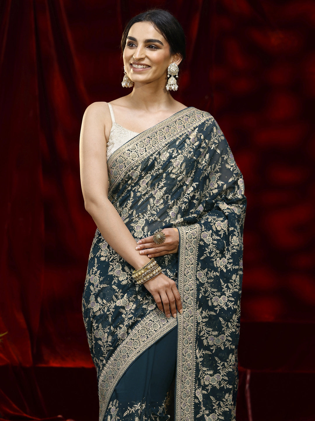  Libas Blue Floral Embroidered Georgette Saree 