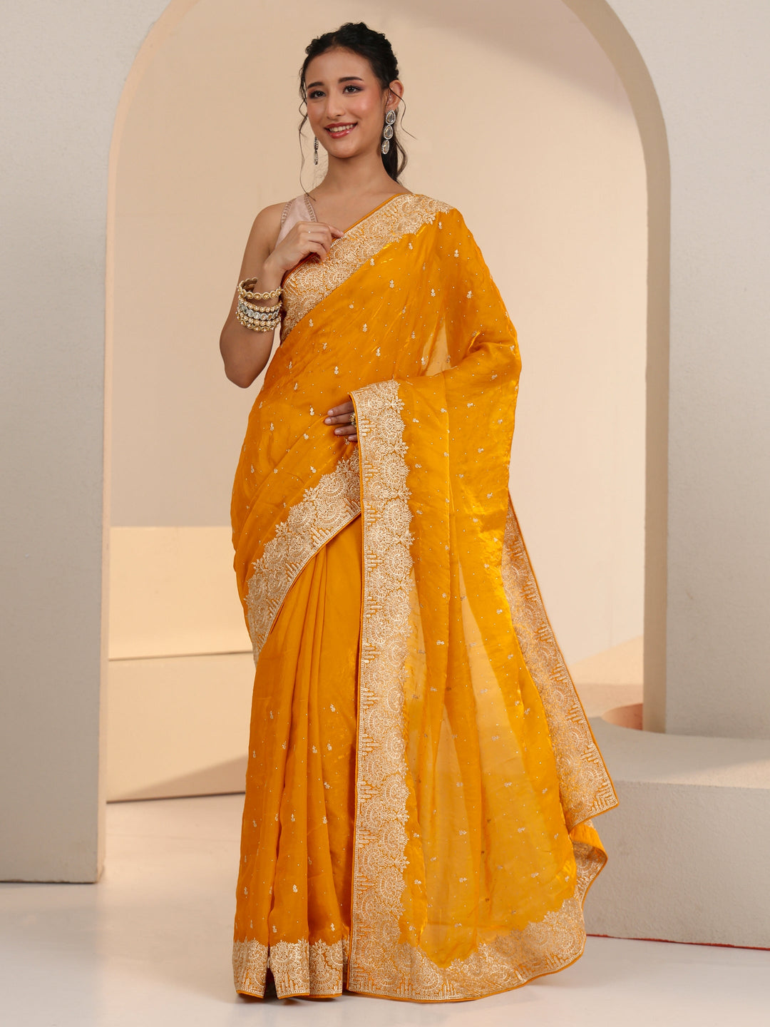  Libas Golden Mustard Embellished Tissue Saree 