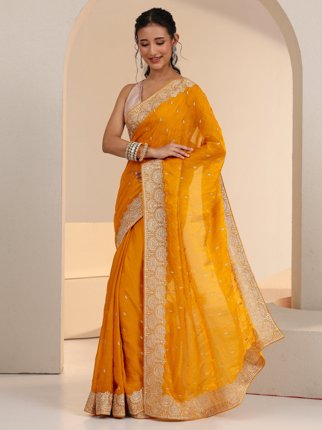  Libas Golden Mustard Embellished Tissue Saree 