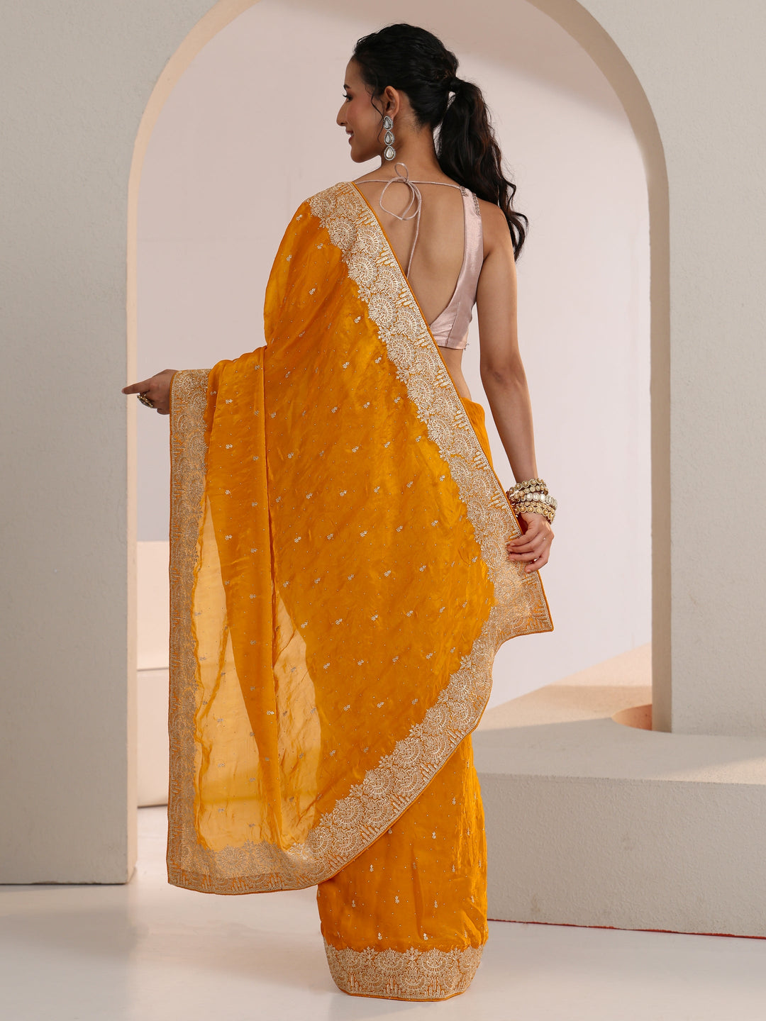 Libas Golden Mustard Embellished Tissue Saree 