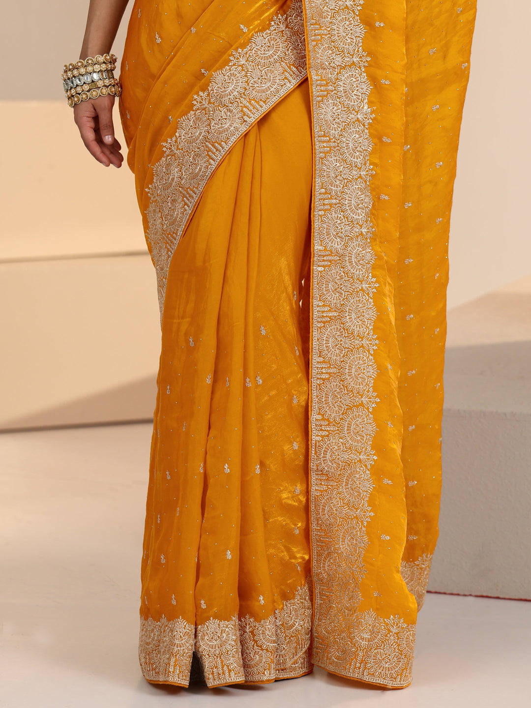  Libas Golden Mustard Embellished Tissue Saree 