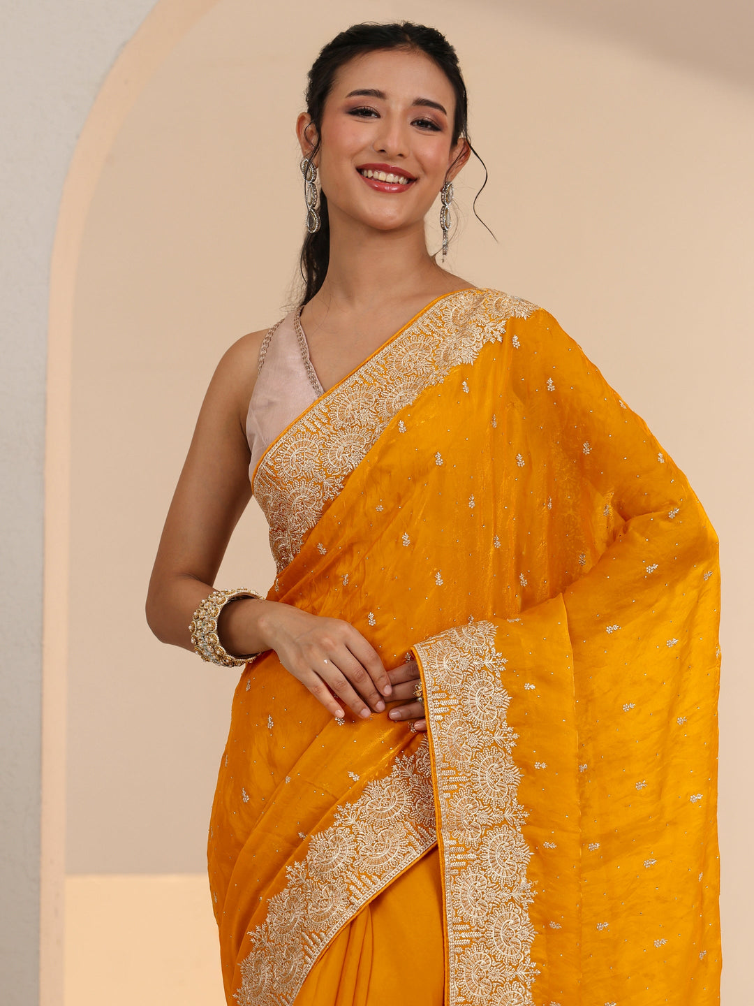  Libas Golden Mustard Embellished Tissue Saree 