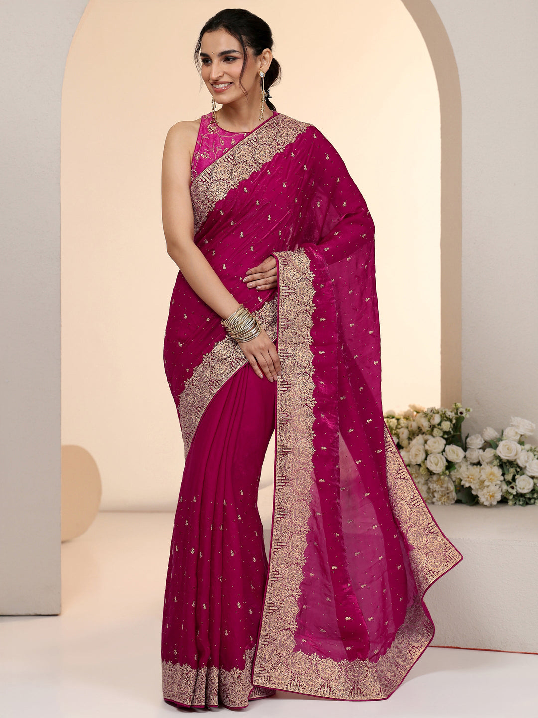  Libas Magenta Pink Embellished Tissue Saree 