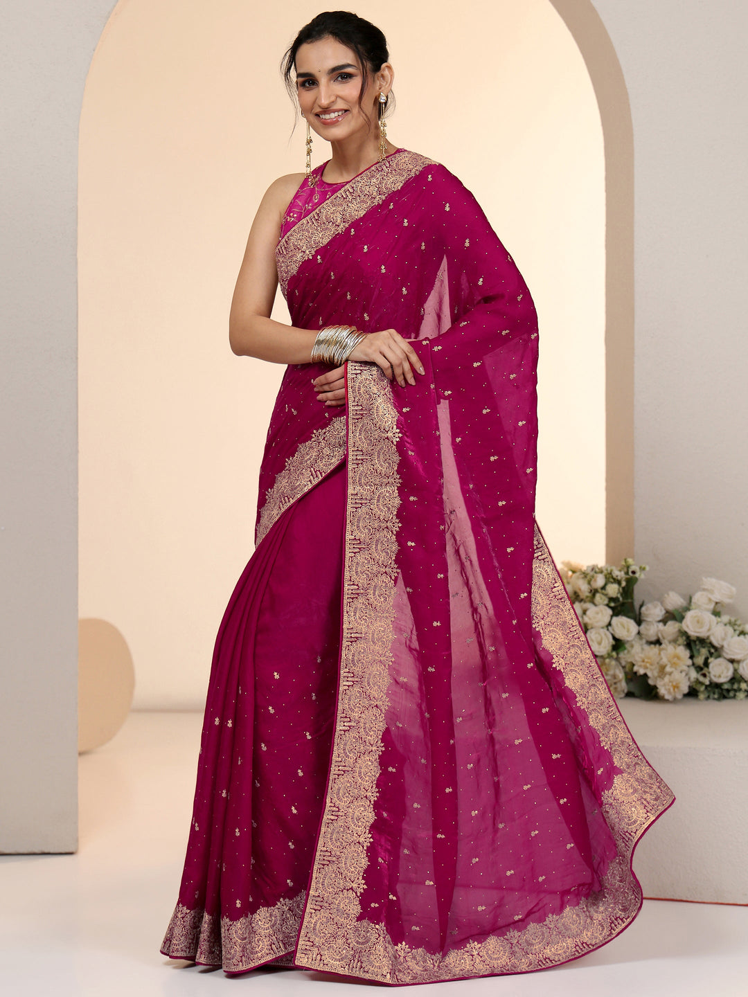  Libas Magenta Pink Embellished Tissue Saree 