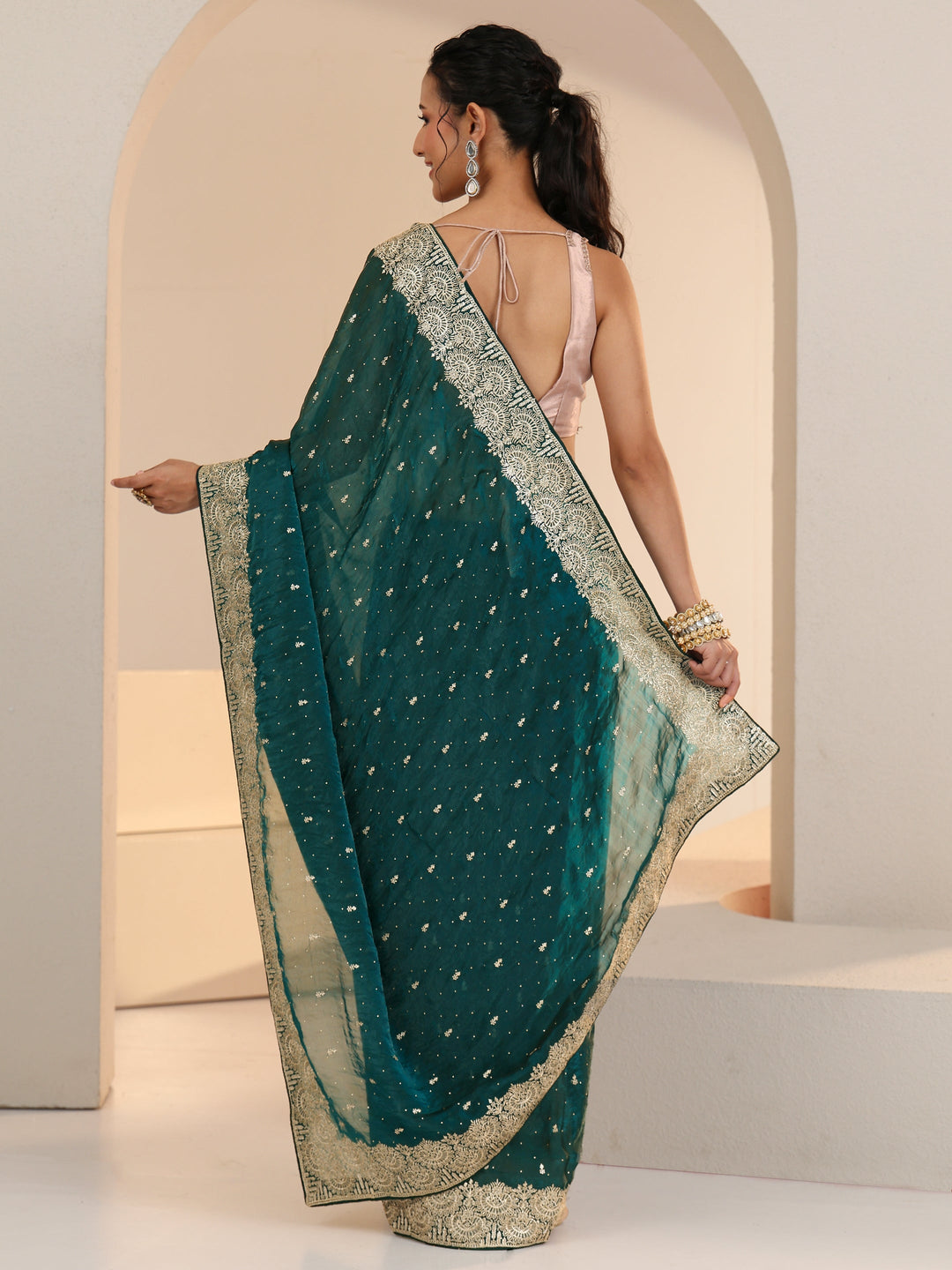  Libas Teal Green Embellished Tissue Saree 