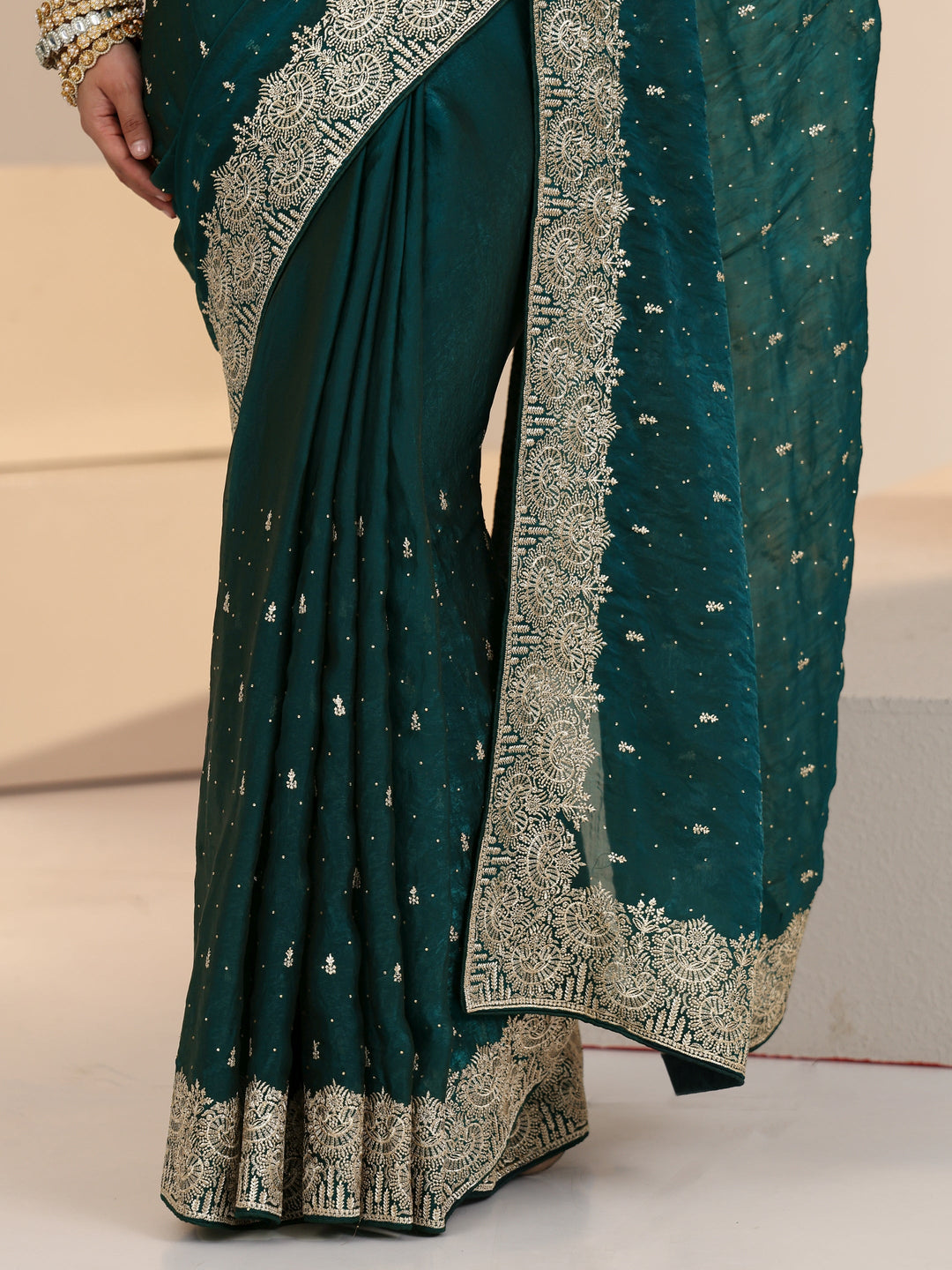  Libas Teal Green Embellished Tissue Saree 