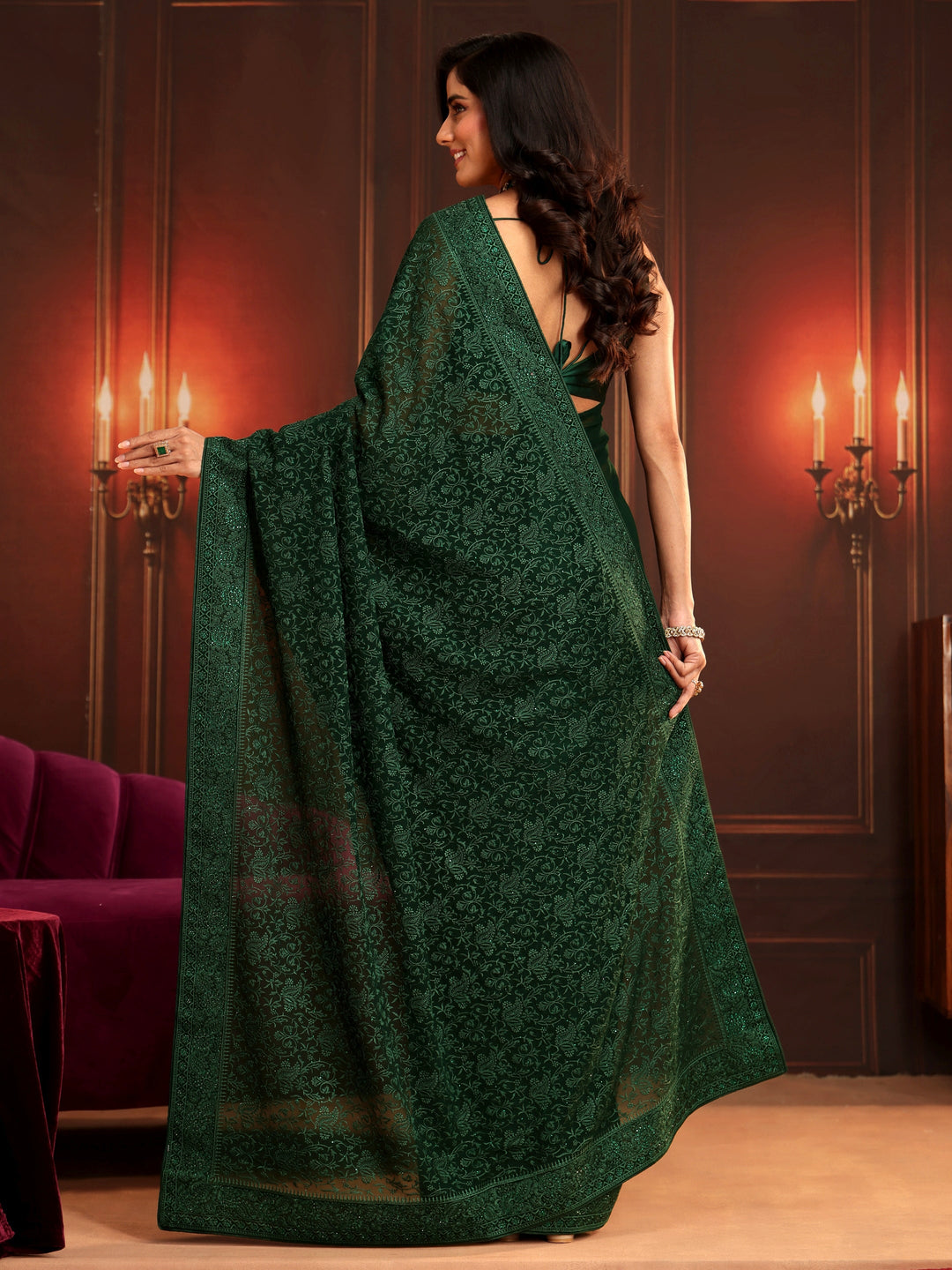  Libas Art Bottle Green Embroidered Georgette Saree 