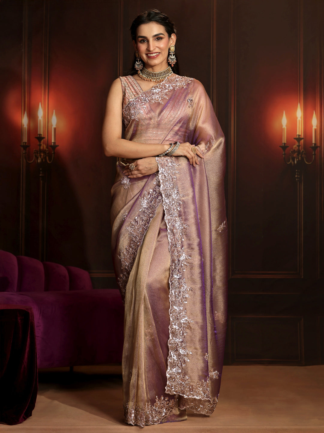  Libas Art Lavender Embellished Organza Saree 