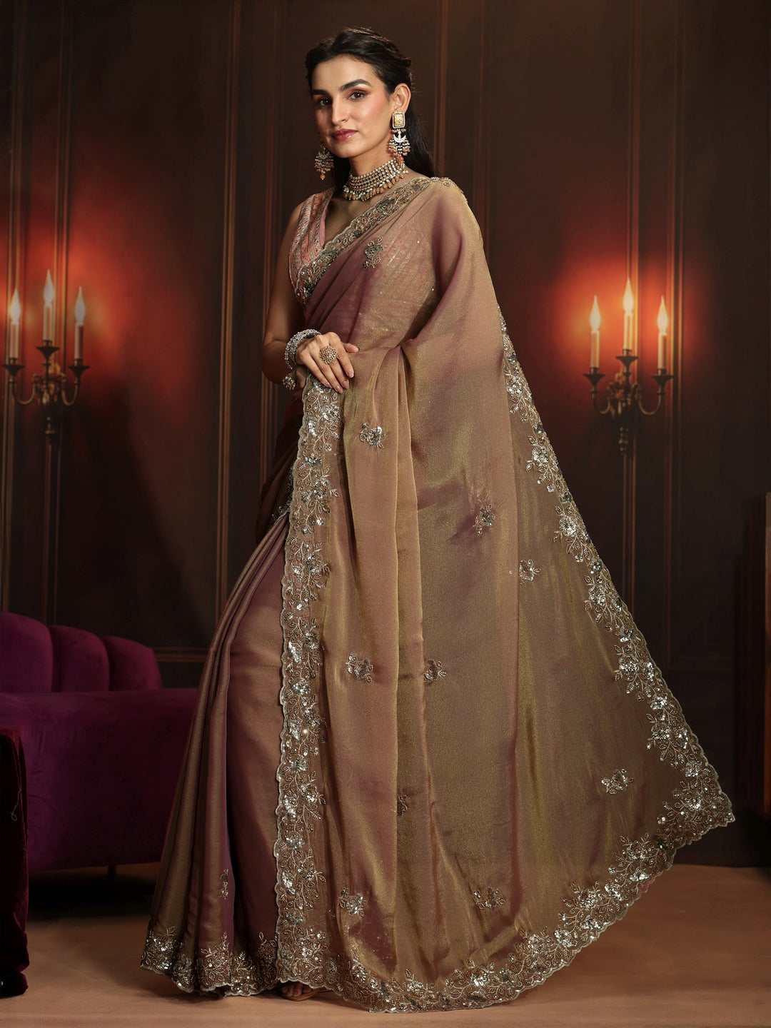  Libas Art Dusty Peach Pink Embellished Organza Saree 