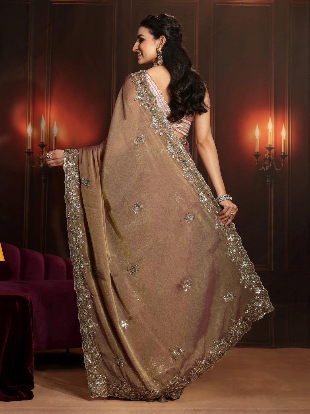  Libas Art Dusty Peach Pink Embellished Organza Saree 