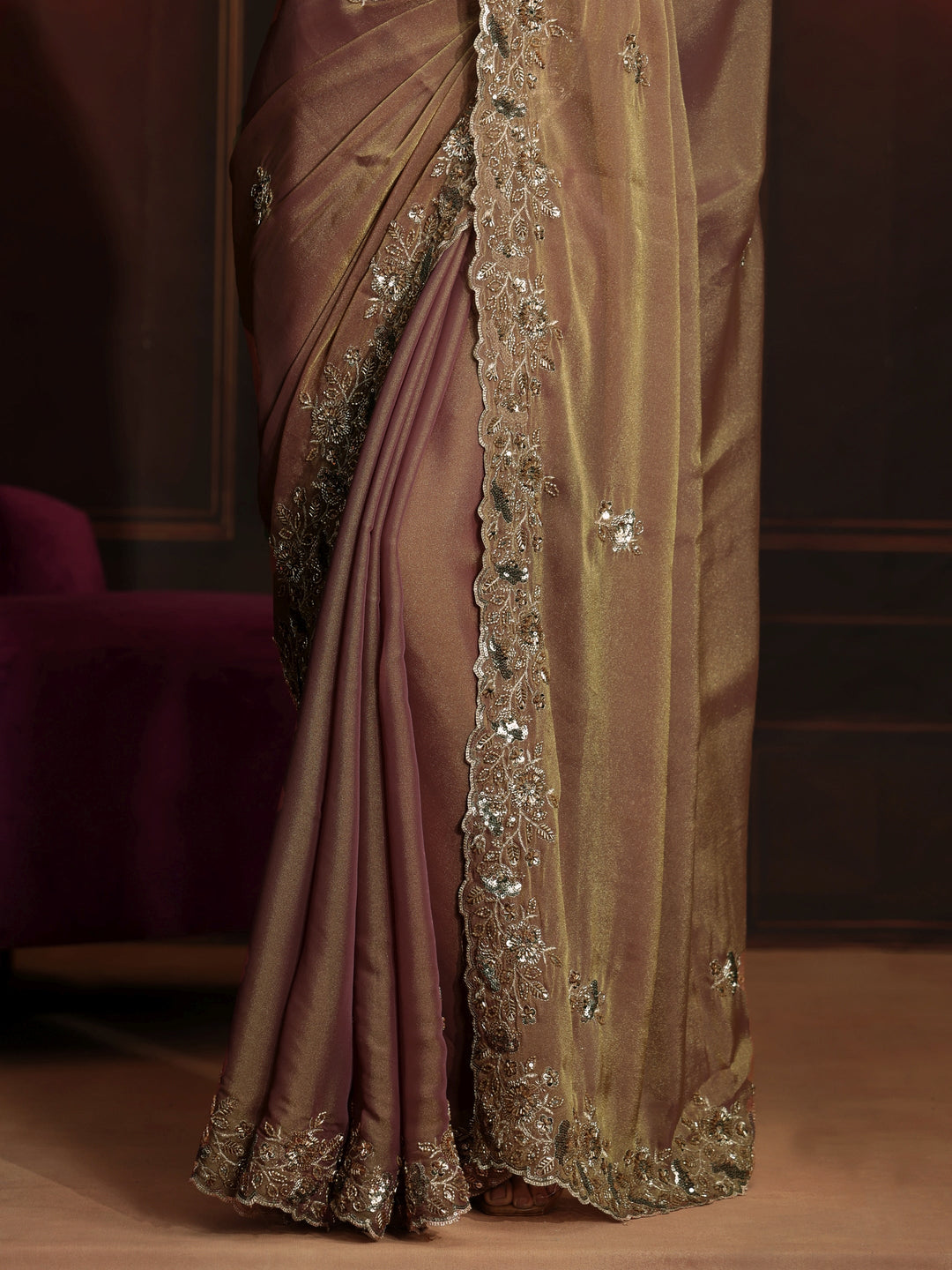 Libas Art Dusty Peach Pink Embellished Organza Saree 