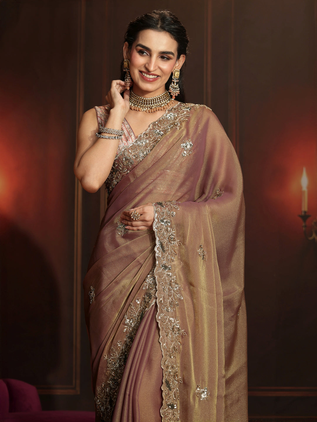  Libas Art Dusty Peach Pink Embellished Organza Saree 