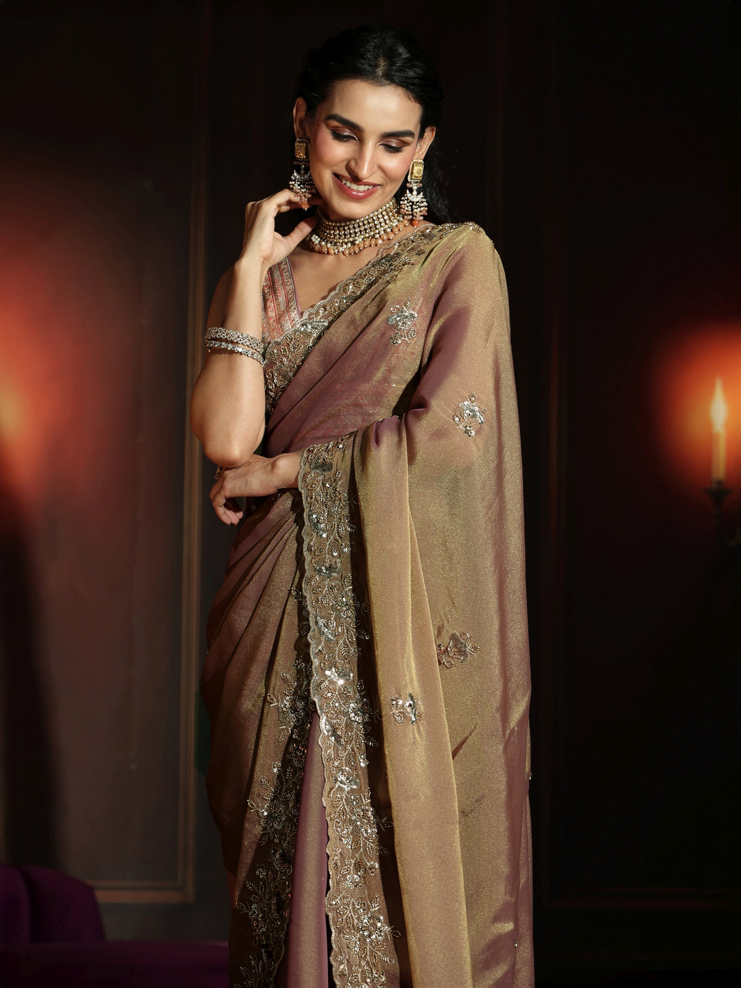  Libas Art Dusty Peach Pink Embellished Organza Saree 