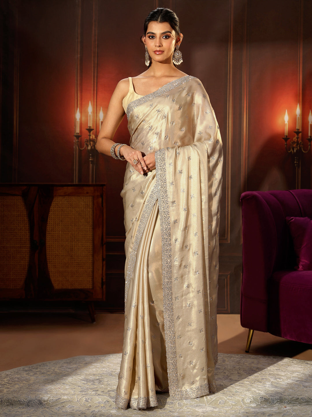  Libas Art Cream Embellished Tissue Saree 